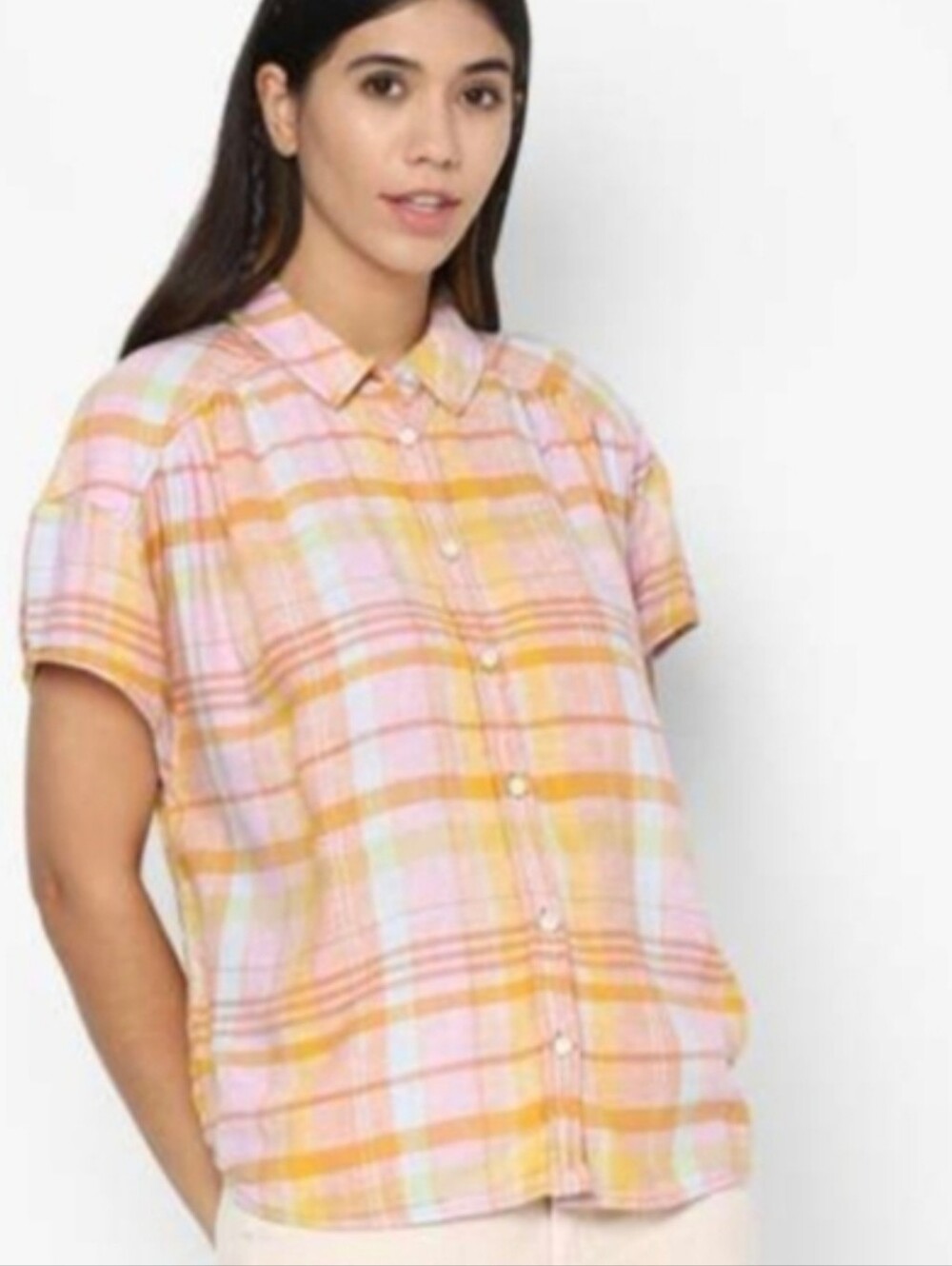 NEW American Eagle Linen Blend Madras Plaid Oversized Fit Button Down Top XL